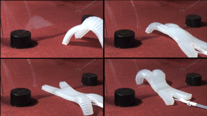 By filling the sacs in the right order, the soft robot can slip under a raised barrier.